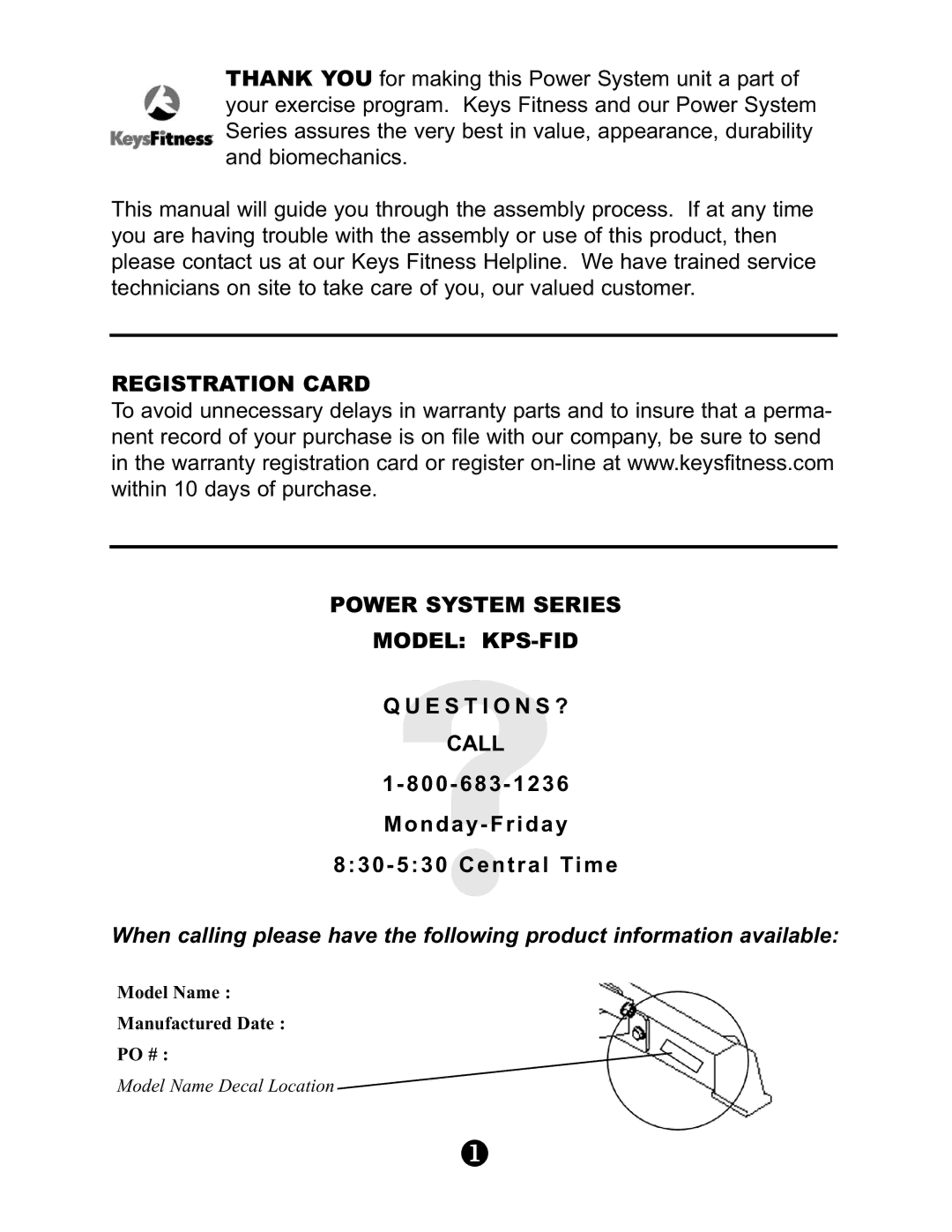 Keys Fitness manual Registration Card Power System Series Model KPS-FID 