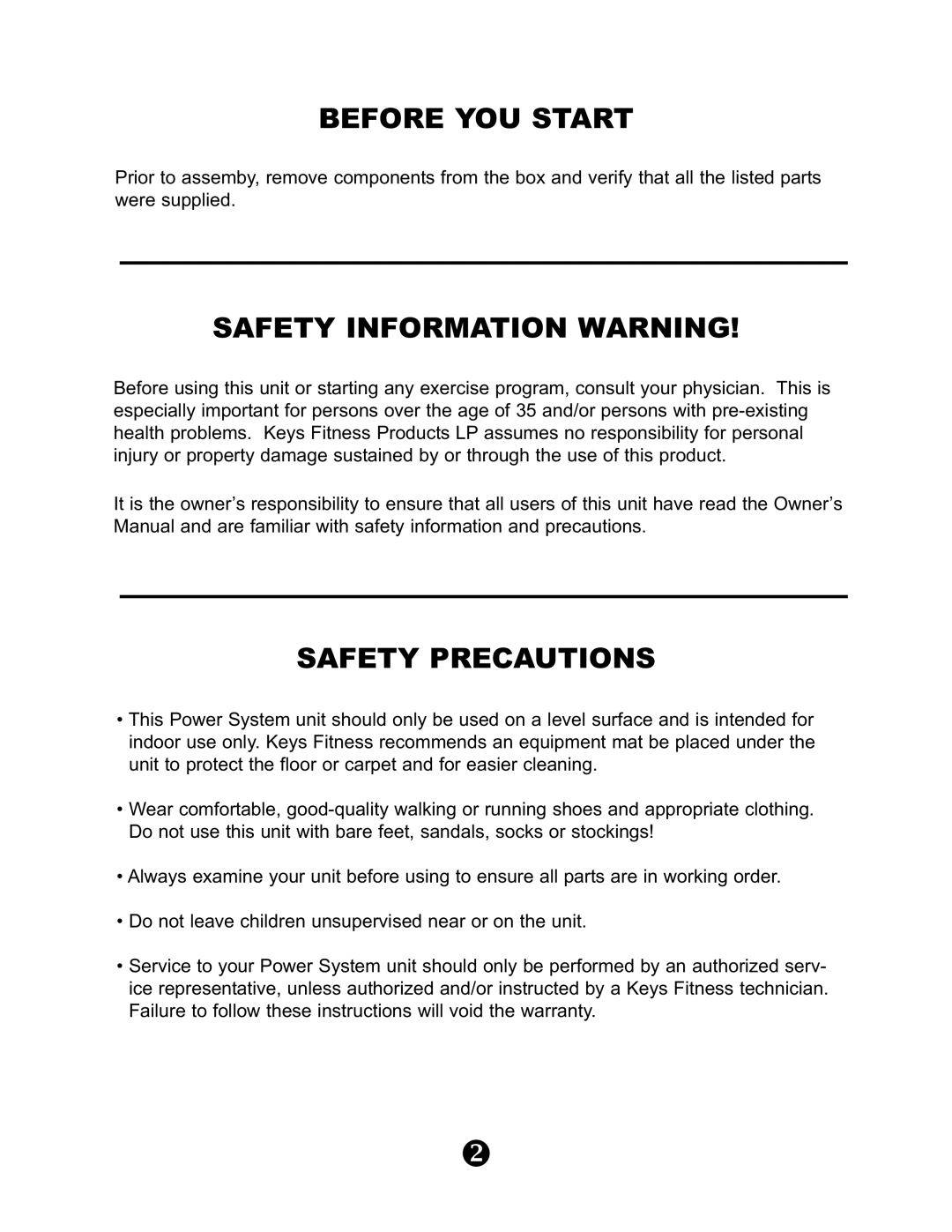 Keys Fitness KPS-FID manual Before YOU Start, Safety Information Warning, Safety Precautions 