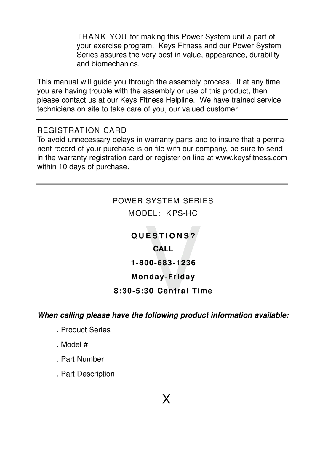 Keys Fitness manual Registration Card Power System Series Model KPS-HC 