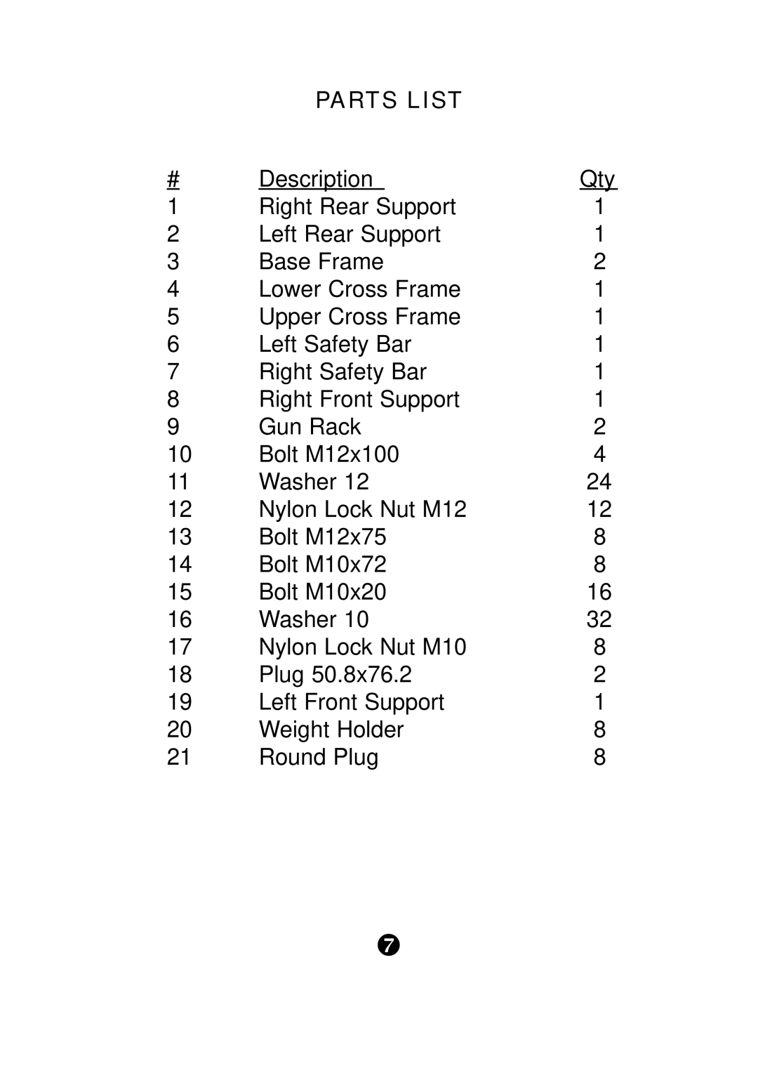 Keys Fitness KPS-HC manual Parts List, Description Qty 