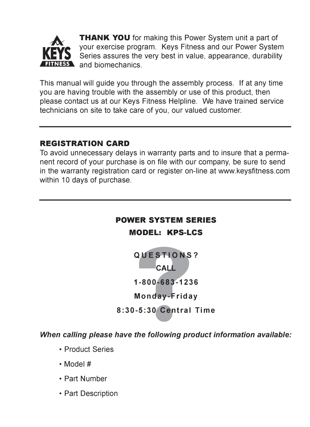 Keys Fitness owner manual Registration Card Power System Series Model KPS-LCS 