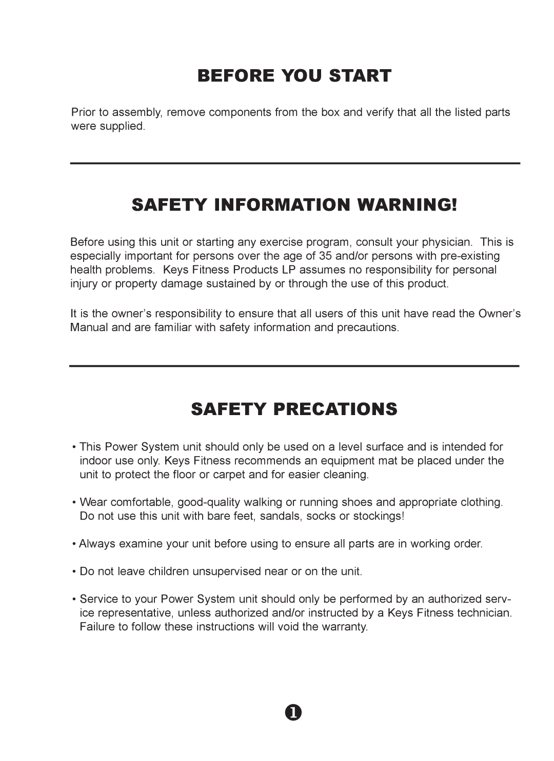 Keys Fitness KPS-LCS owner manual Before YOU Start, Safety Information Warning, Safety Precations 