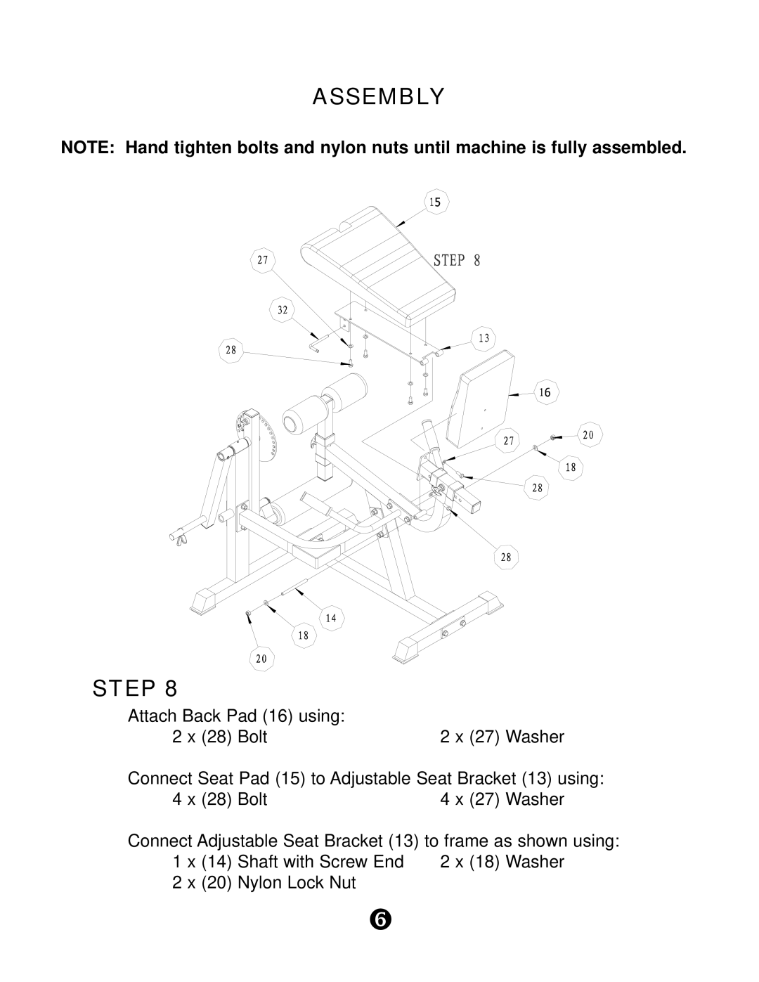 Keys Fitness KPS-LEGM manual Attach Back Pad 16 using 28 Bolt 