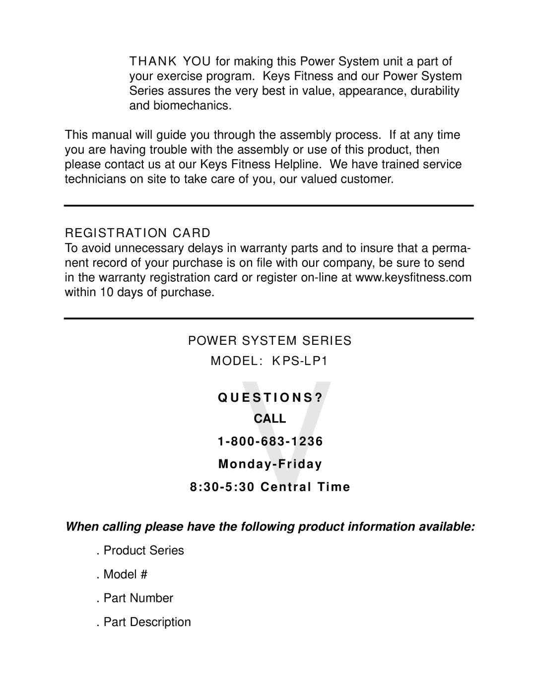 Keys Fitness manual Registration Card Power System Series Model KPS-LP1 