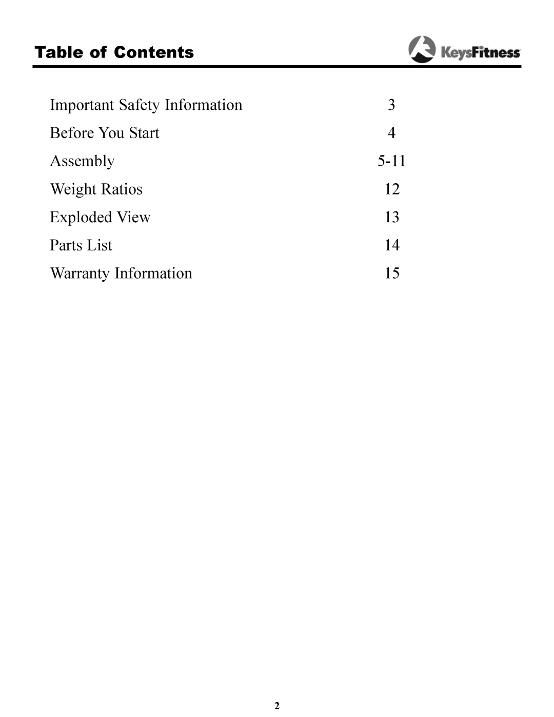Keys Fitness KPS-LP2 owner manual Table of Contents 