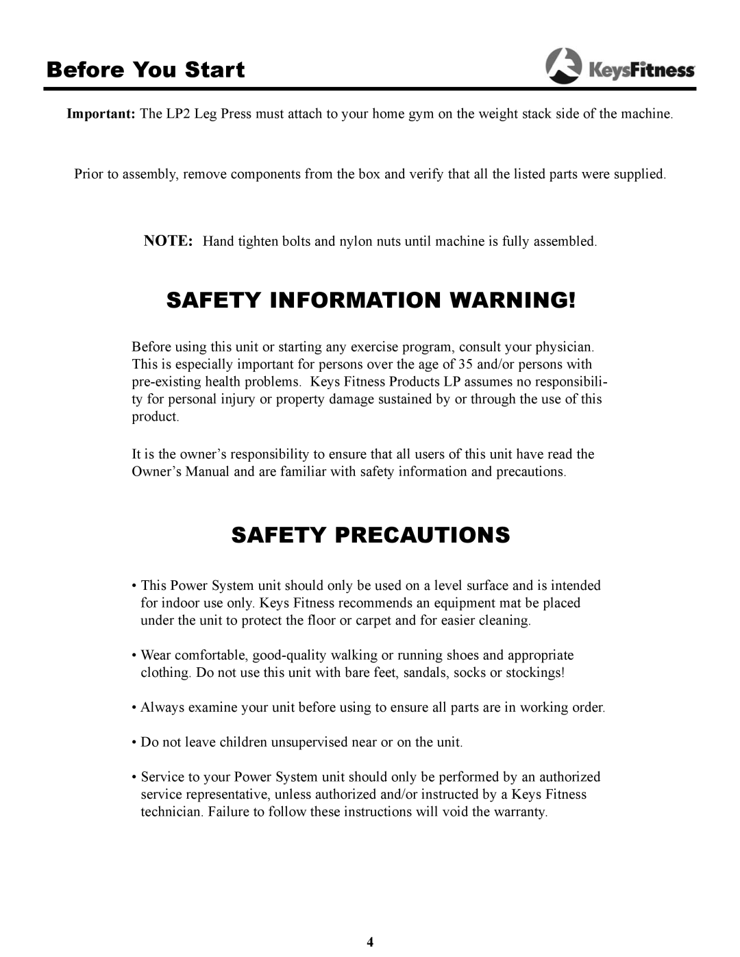 Keys Fitness KPS-LP2 owner manual Before You Start, Safety Information Warning 
