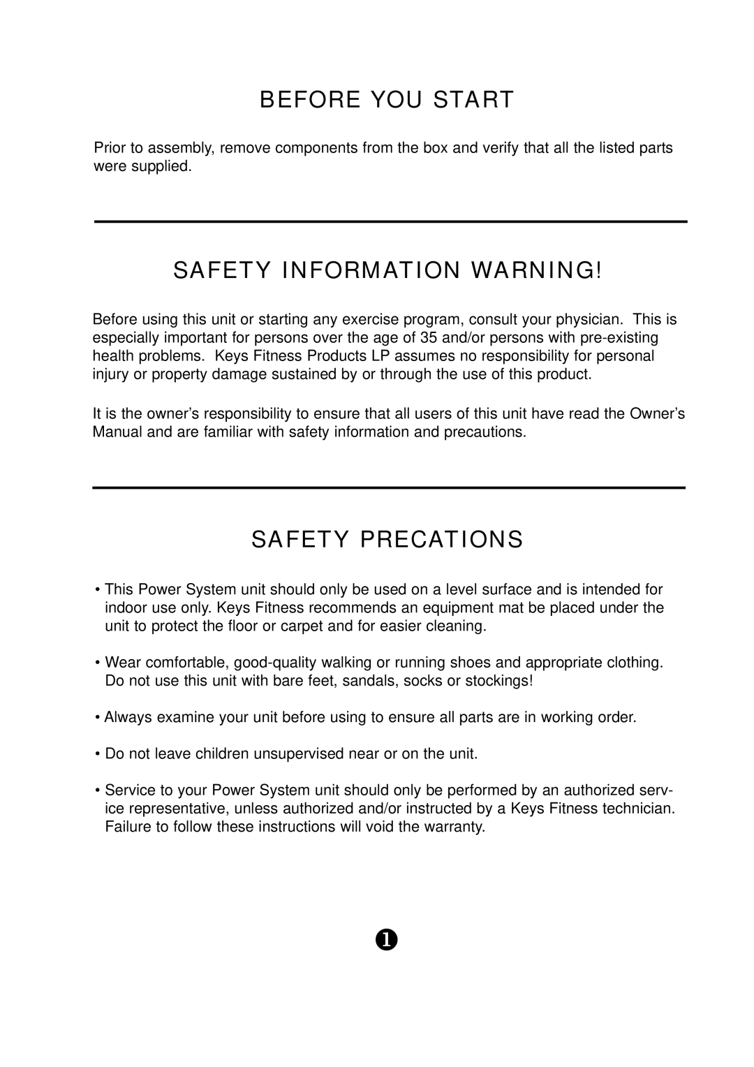 Keys Fitness KPS-LPHS manual Before YOU Start, Safety Information Warning, Safety Precations 