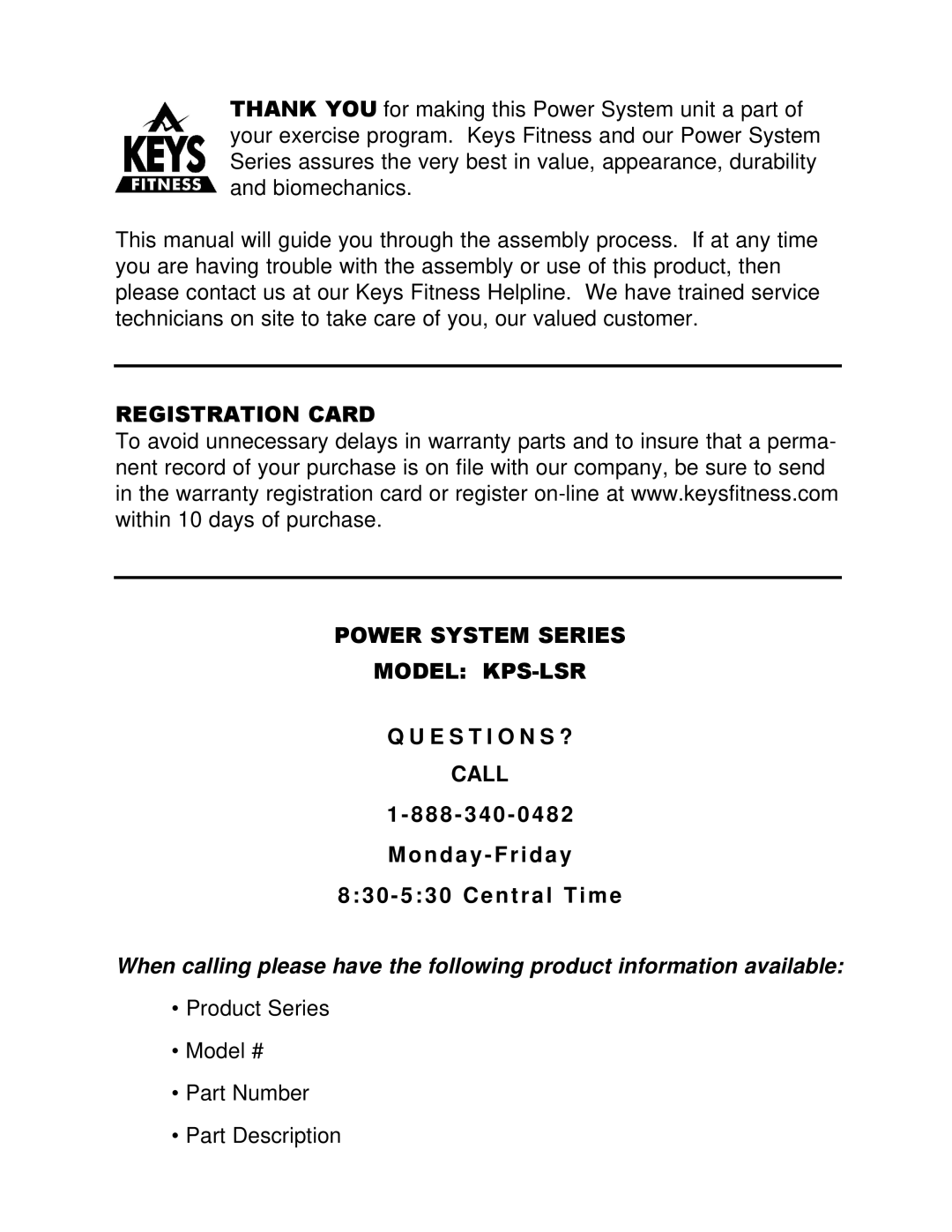 Keys Fitness owner manual Registration Card Power System Series Model KPS-LSR 