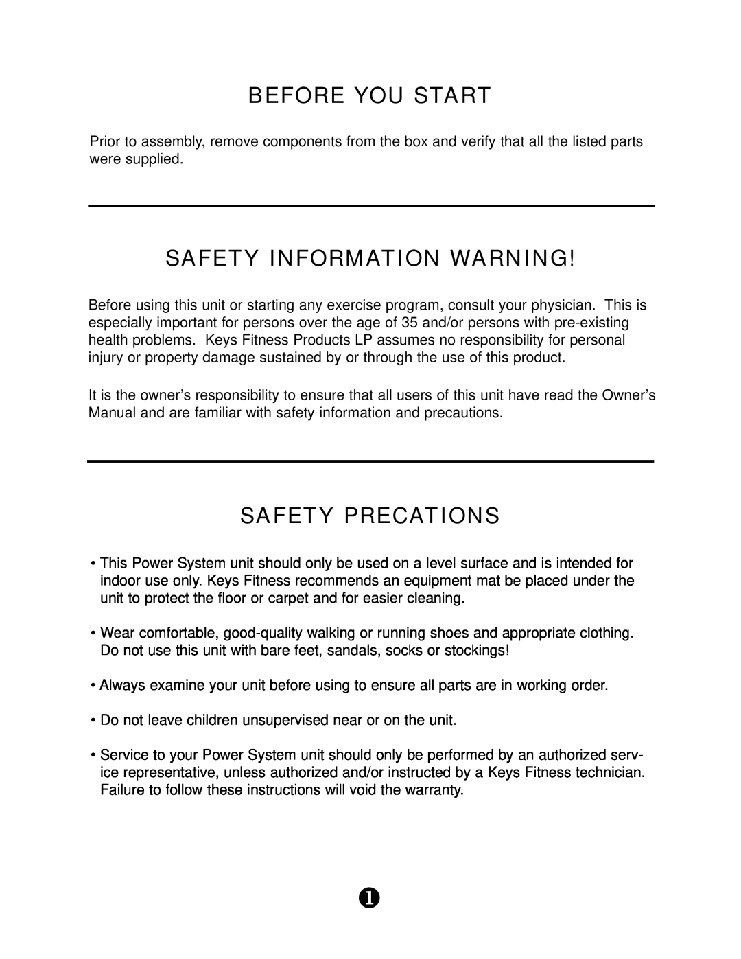 Keys Fitness KPS-PCL manual Before You Start, Safety Information Warning, Safety Precations 