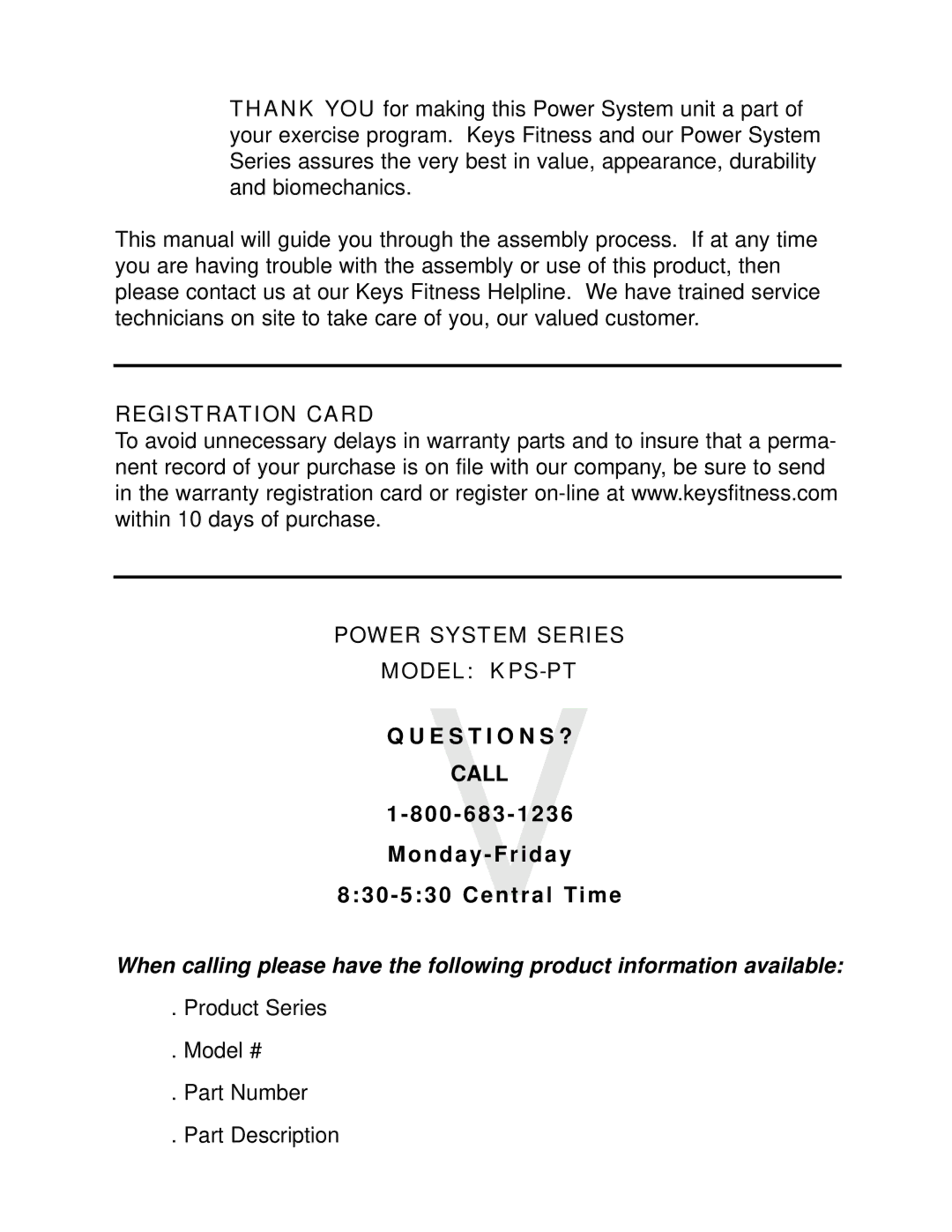 Keys Fitness manual Registration Card Power System Series Model KPS-PT 