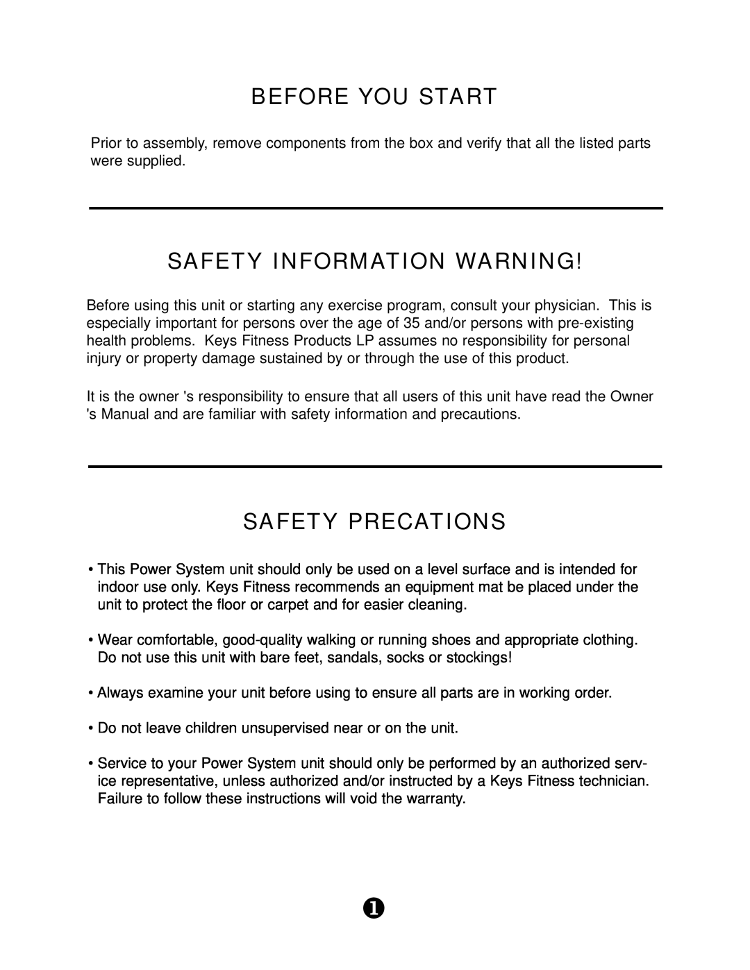 Keys Fitness KPS-PT manual Before You Start, Safety Information Warning, Safety Precations 
