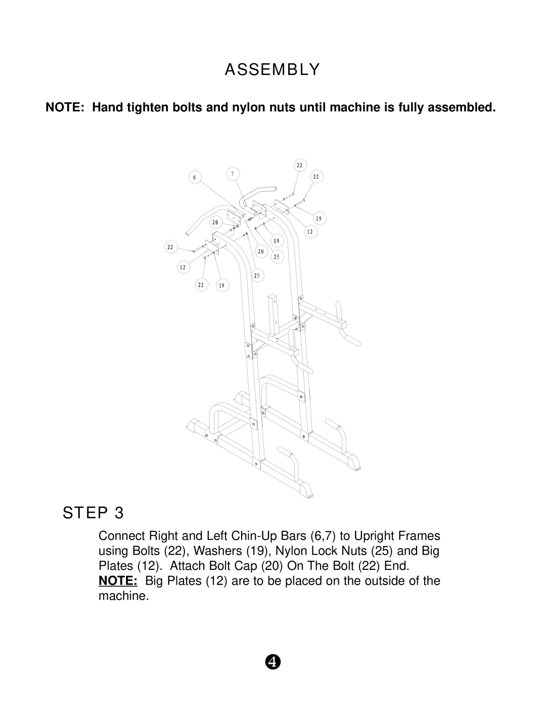 Keys Fitness KPS-PT manual Assembly, Step, NOTE Big Plates 12 are to be placed on the outside of the machine 
