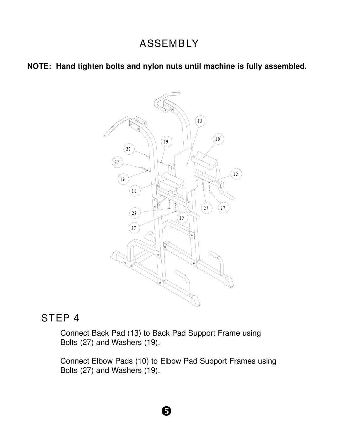 Keys Fitness KPS-PT manual Assembly, Step, Connect Back Pad 13 to Back Pad Support Frame using, Bolts 27 and Washers 