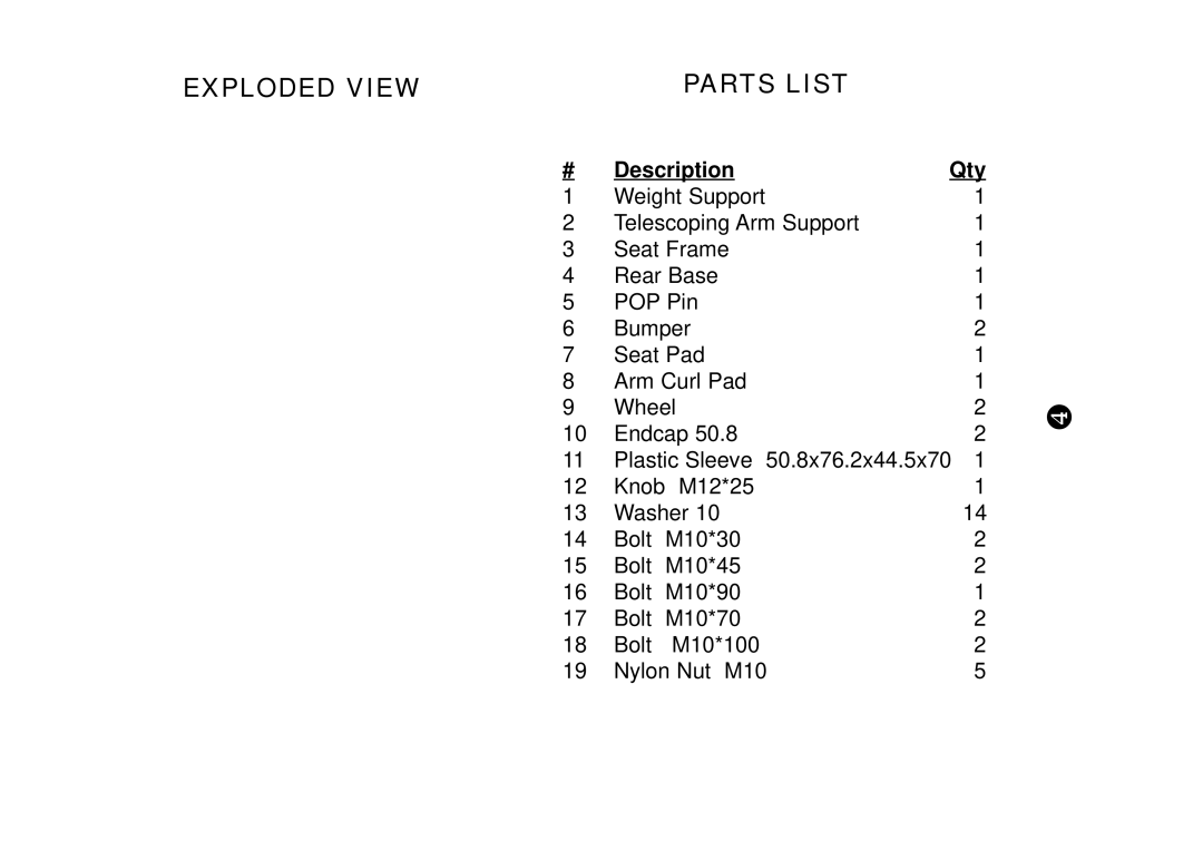 Keys Fitness KPS-SPC manual Exploded View Parts List, Description Qty 