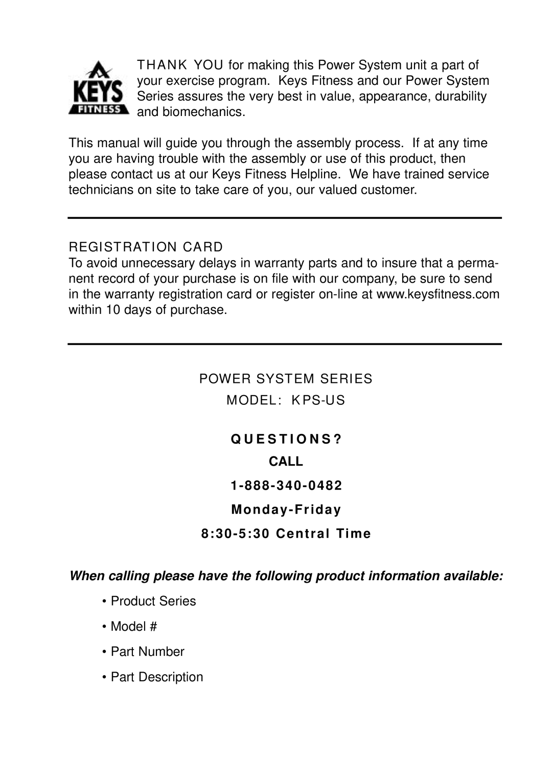 Keys Fitness manual Registration Card Power System Series Model KPS-US 