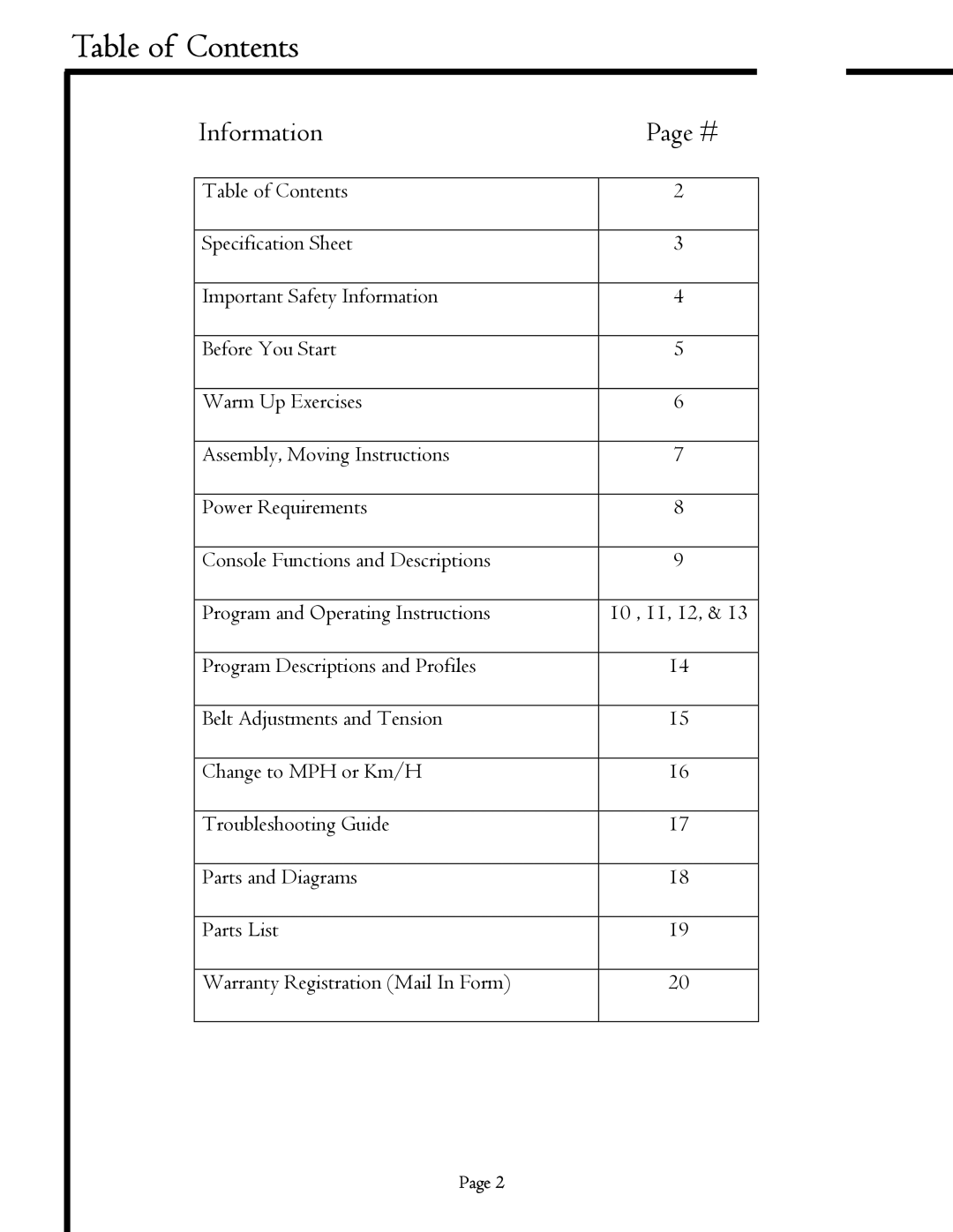 Keys Fitness MS3200GT, MS1200GT owner manual Table of Contents 