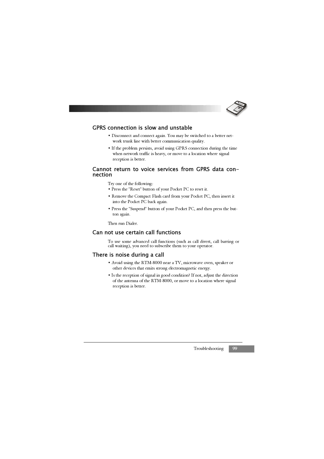 Keys Fitness RTM-8000 Gprs connection is slow and unstable, Cannot return to voice services from Gprs data con- nection 