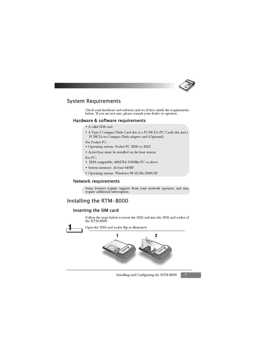 Keys Fitness RTM-8000 owner manual Hardware & software requirements, Network requirements, Inserting the SIM card 