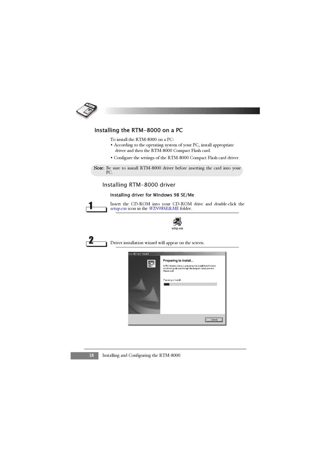 Keys Fitness Installing the RTM-8000 on a PC, Installing RTM-8000 driver, Installing driver for Windows 98 SE/Me 