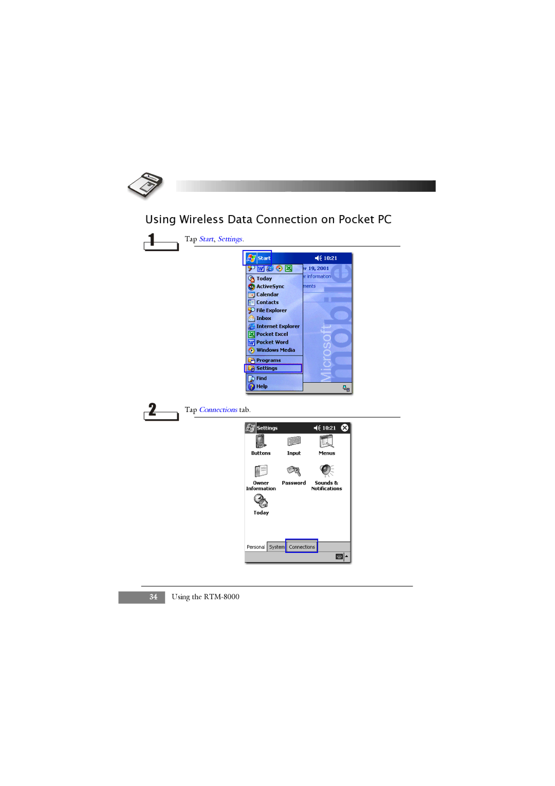 Keys Fitness RTM-8000 owner manual Using Wireless Data Connection on Pocket PC, Tap Start, Settings Tap Connections tab 