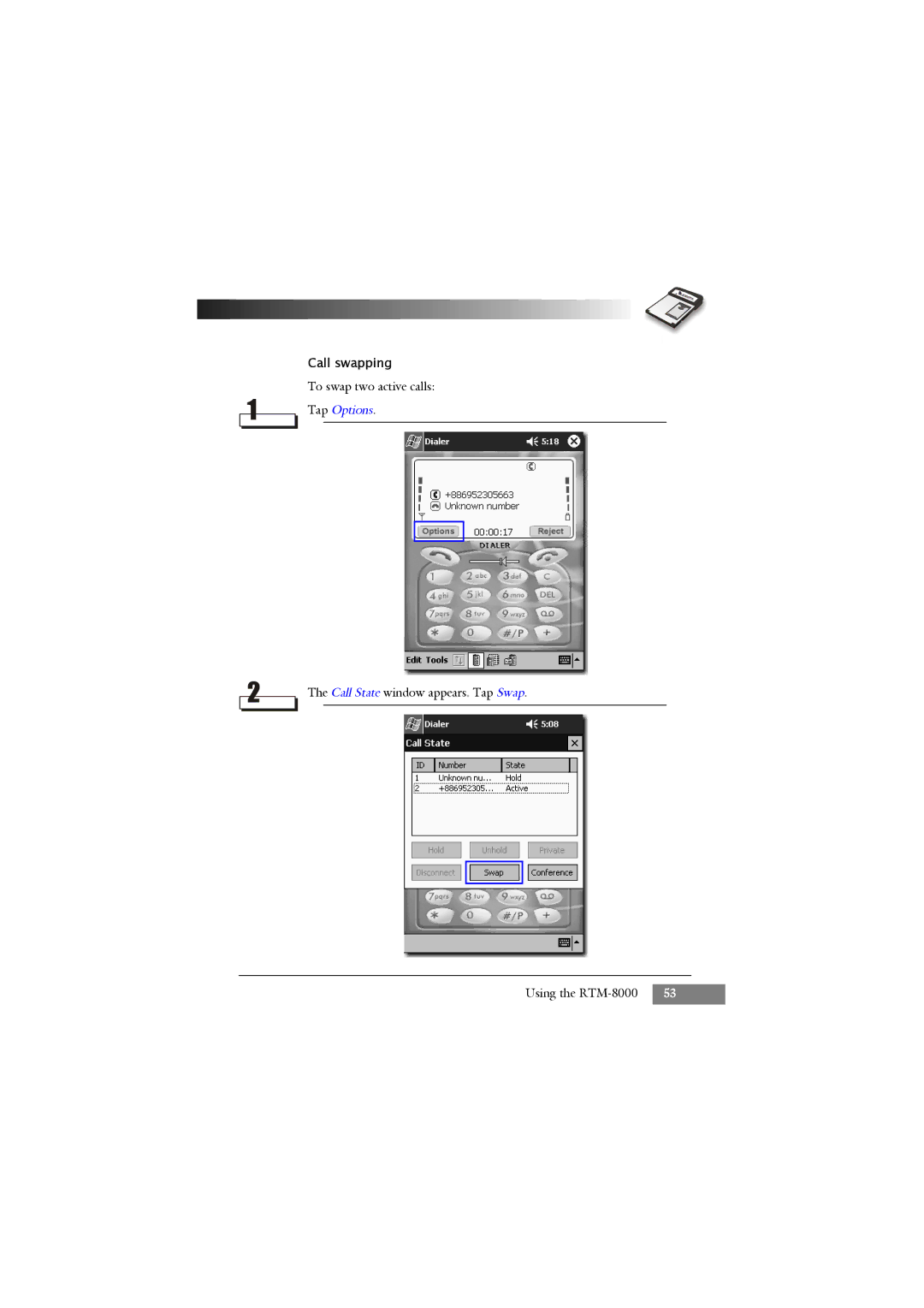 Keys Fitness RTM-8000 owner manual Call swapping, Tap Options 