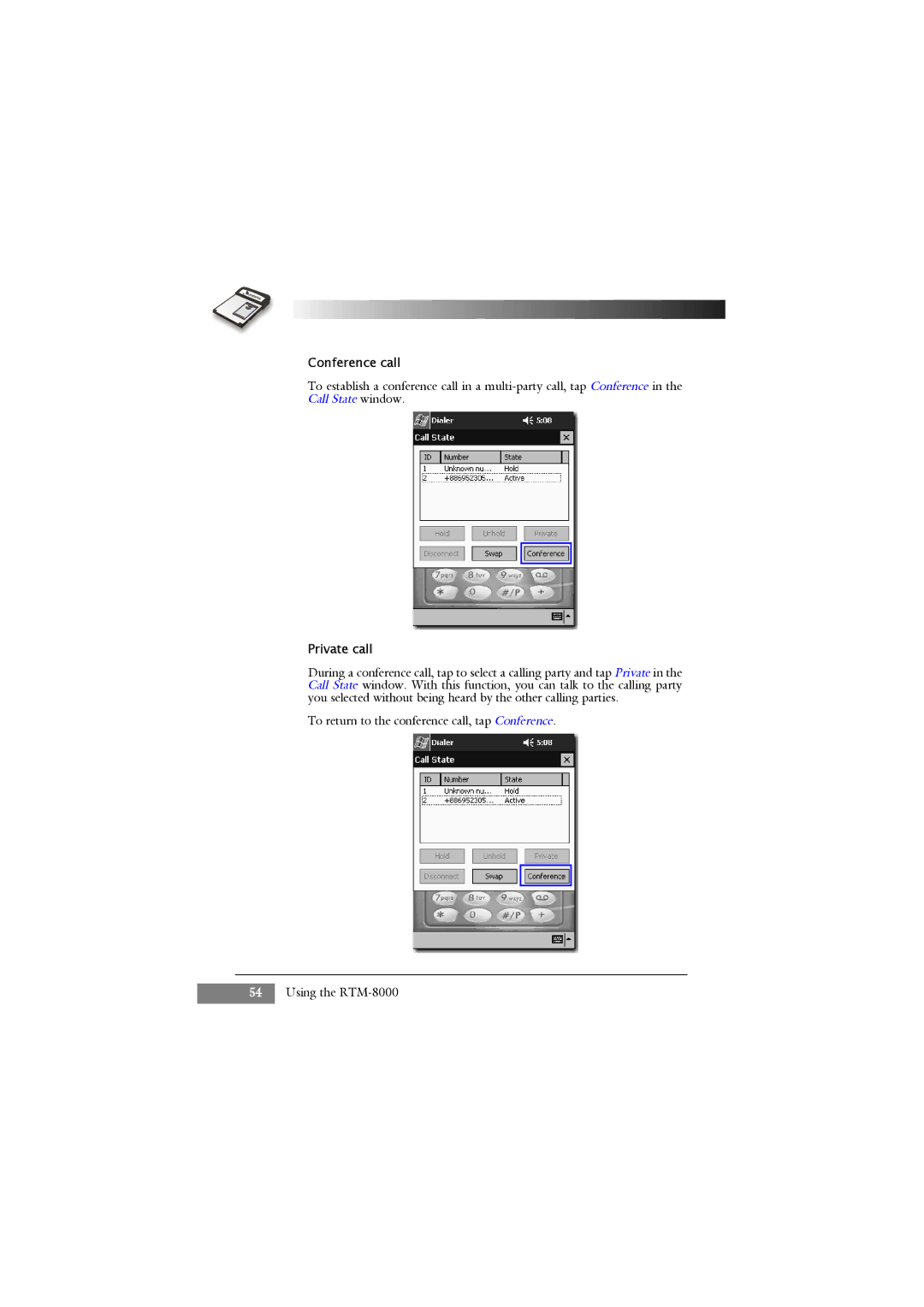 Keys Fitness RTM-8000 owner manual Conference call, Private call 