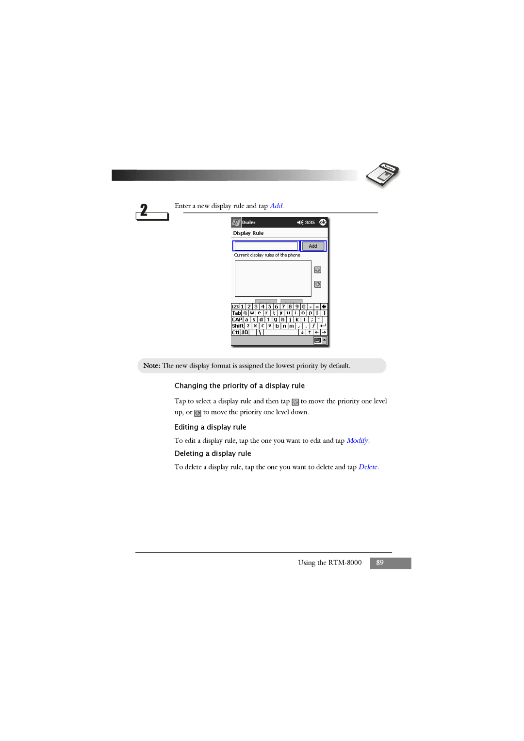 Keys Fitness RTM-8000 owner manual Changing the priority of a display rule, Editing a display rule, Deleting a display rule 