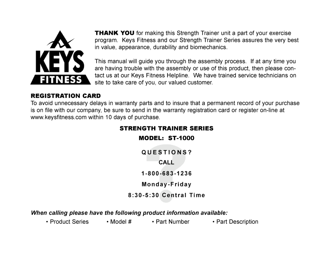 Keys Fitness ST-1000 manual Registration Card Strength Trainer Series 