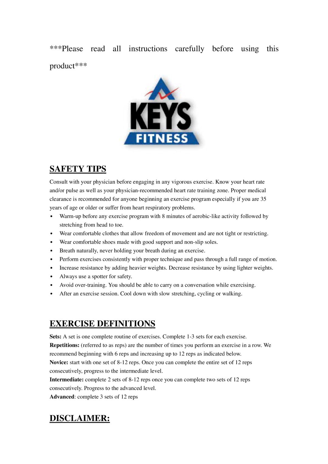 Keys Fitness ST-2600 owner manual Safety Tips, Exercise Definitions, Disclaimer 