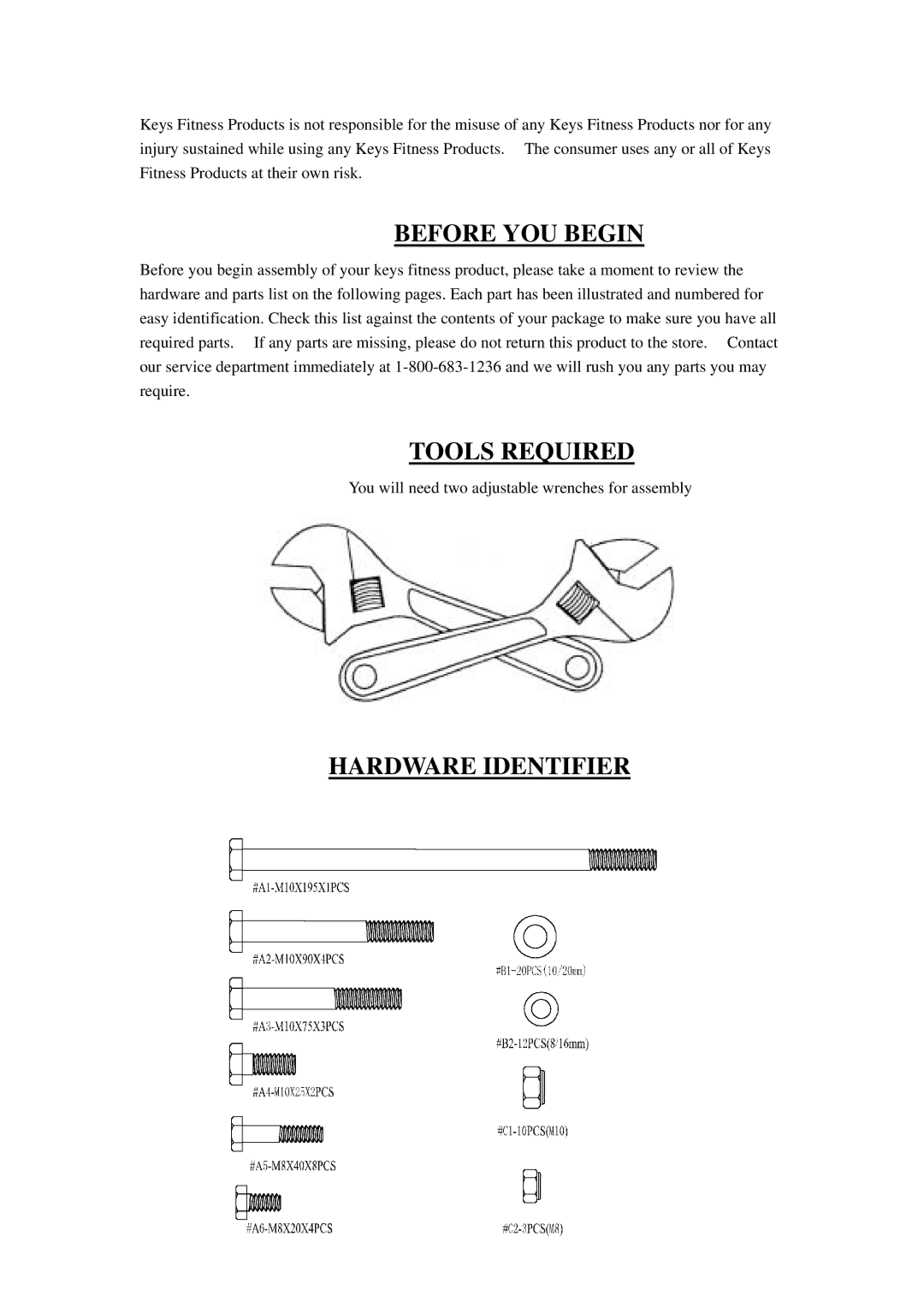 Keys Fitness ST-2600 owner manual Before YOU Begin, Tools Required, Hardware Identifier 