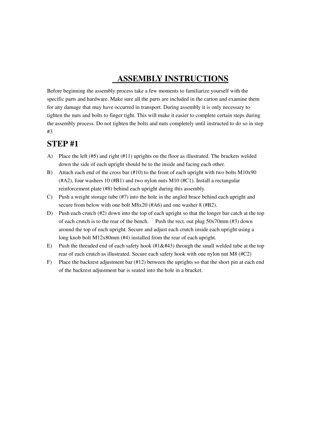 Keys Fitness ST-2600 owner manual Assembly Instructions, Step #1 