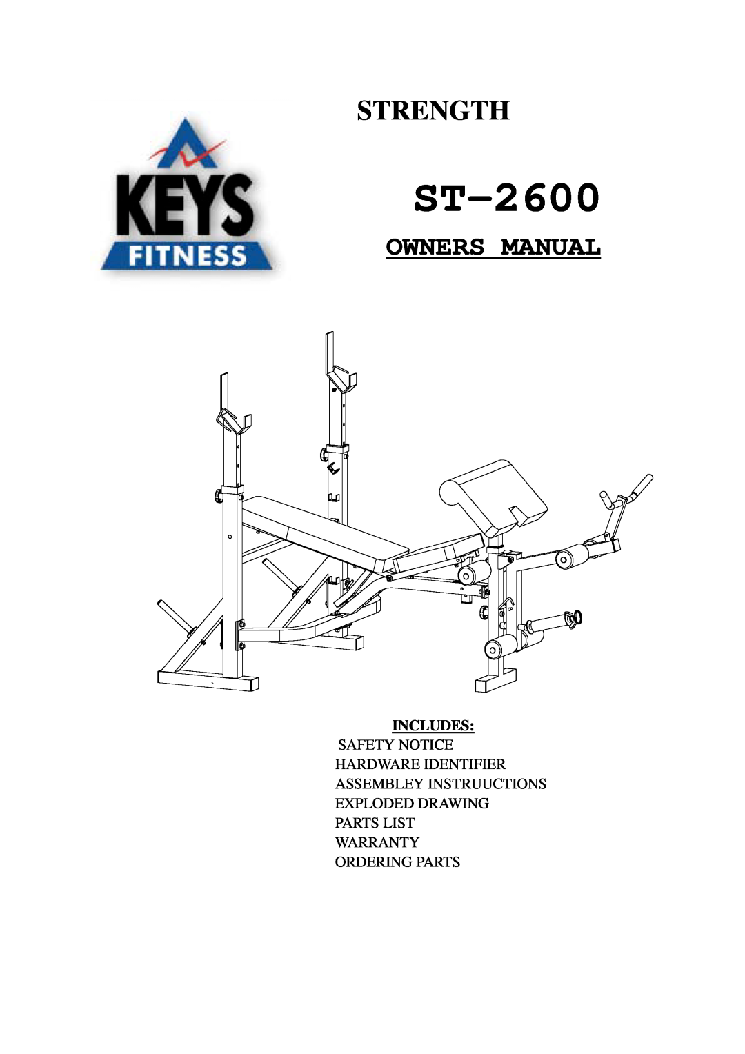 Keys Fitness ST-2600 owner manual Strength Trainer, Owners Manual, Includes 