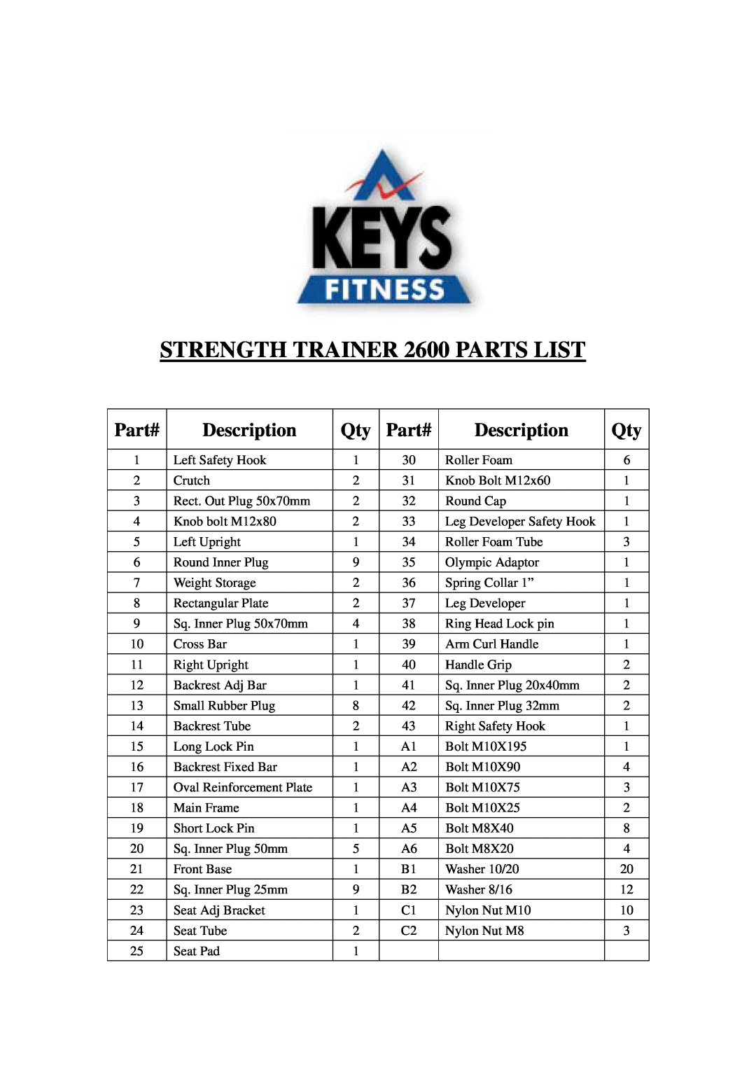 Keys Fitness ST-2600 owner manual Part#, Description, STRENGTH TRAINER 2600 PARTS LIST 