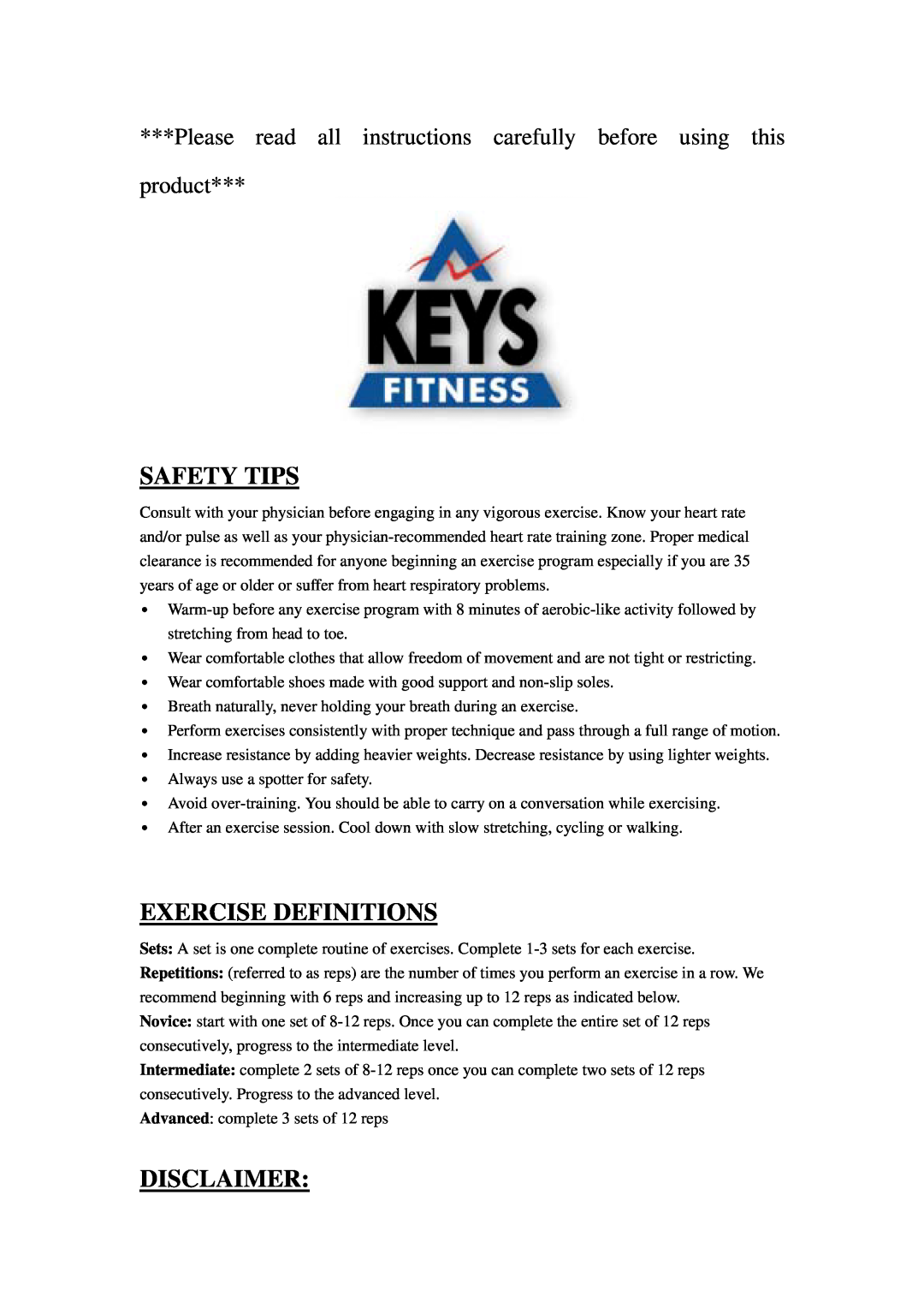 Keys Fitness ST-2600 owner manual Safety Tips, Exercise Definitions, Disclaimer 