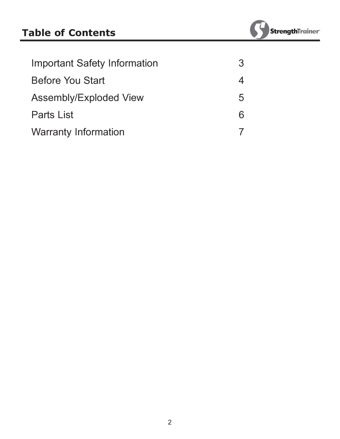 Keys Fitness ST-ARM owner manual Table of Contents 