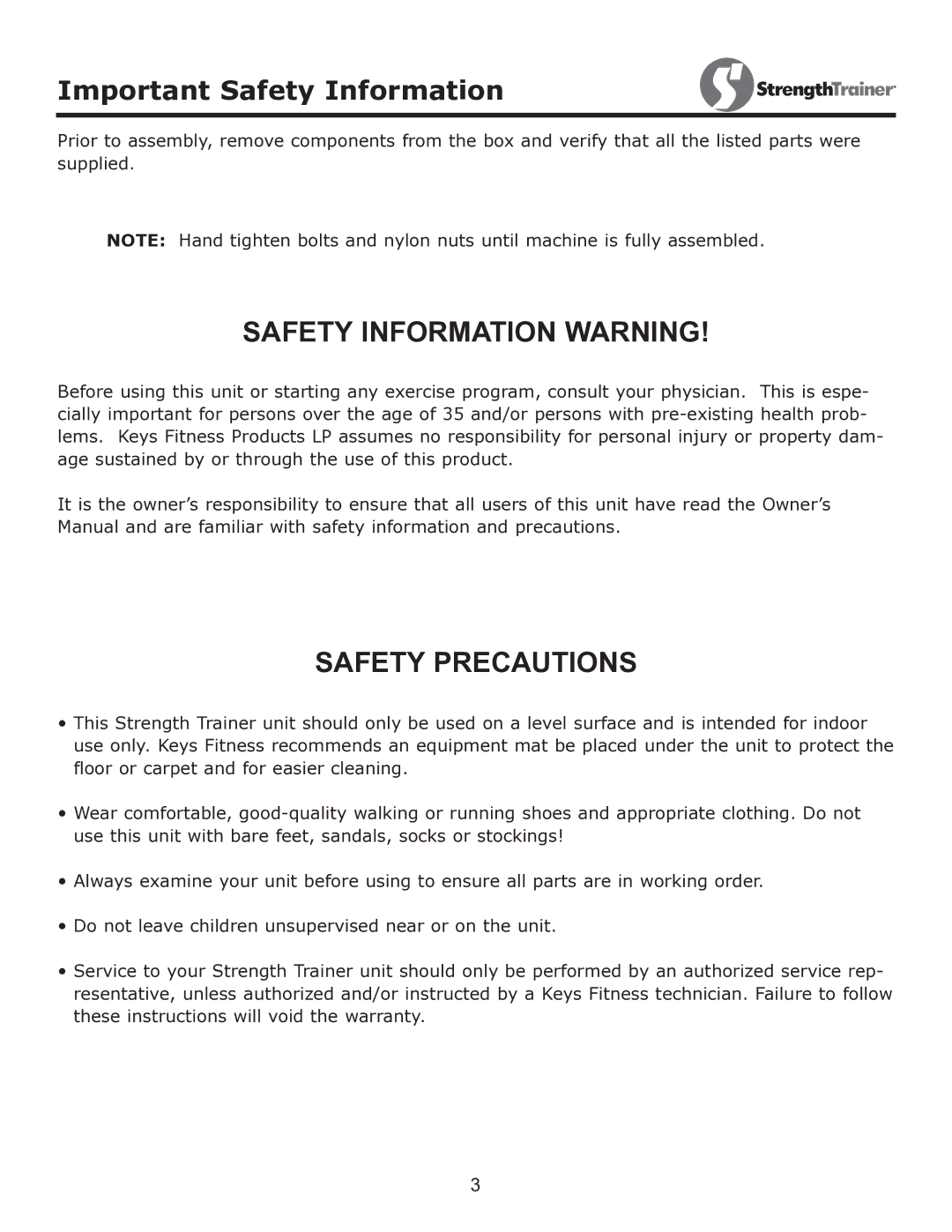 Keys Fitness ST-ARM owner manual Safety Information Warning, Important Safety Information 