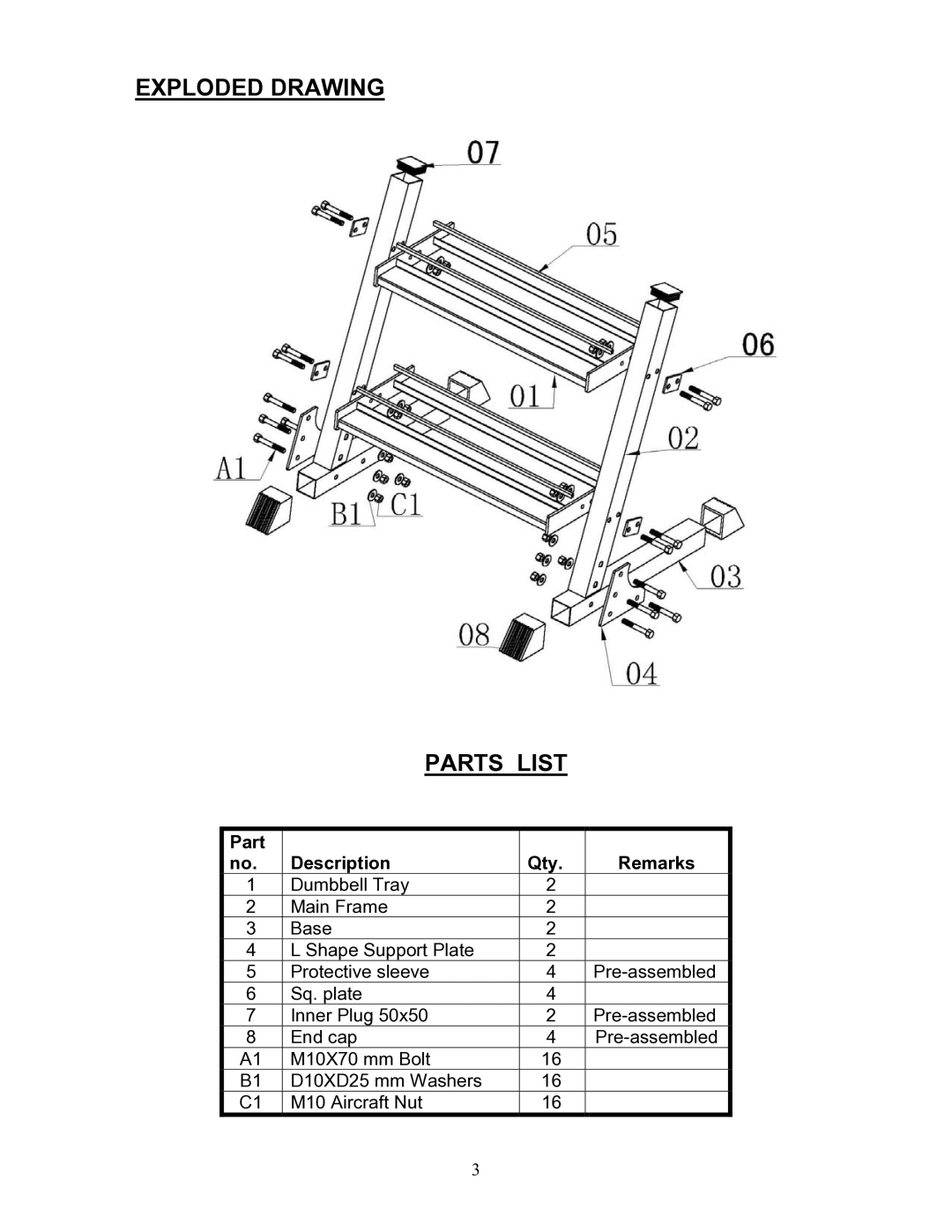 Keys Fitness ST-DB2 owner manual Exploded Drawing Parts List, Part Description Qty 