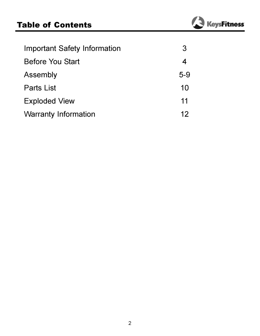 Keys Fitness ST-FIDL owner manual Table of Contents 