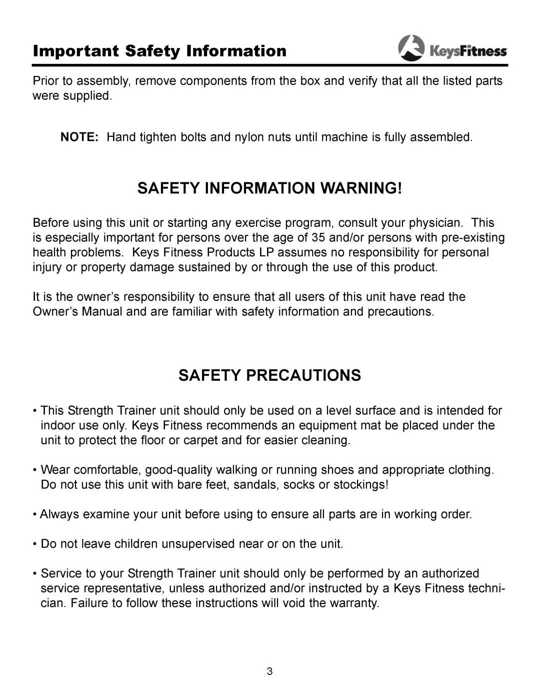 Keys Fitness ST-FIDL owner manual Important Safety Information, Safety Information Warning 