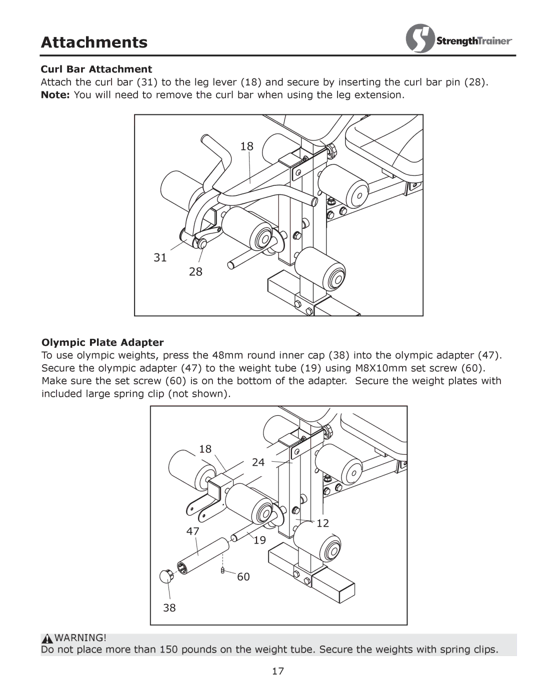 Keys Fitness ST-IB owner manual Attachments, Curl Bar Attachment, Olympic Plate Adapter 