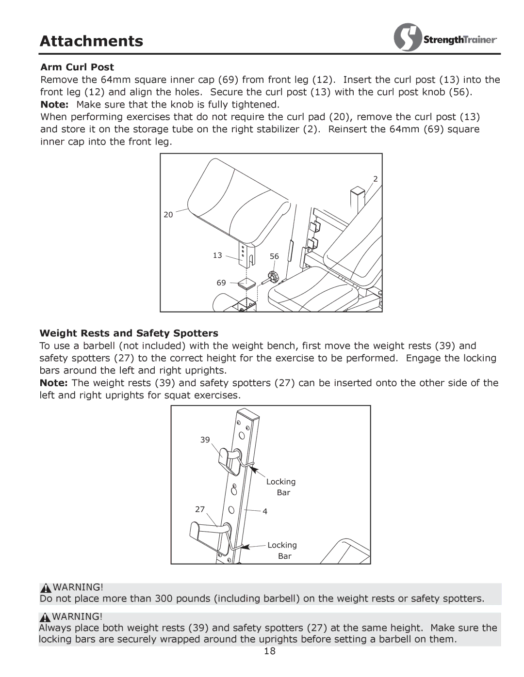 Keys Fitness ST-IB owner manual Arm Curl Post, Weight Rests and Safety Spotters 