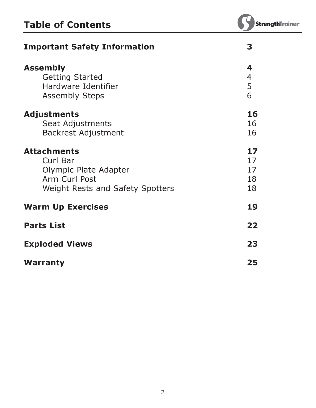 Keys Fitness ST-IB owner manual Table of Contents 