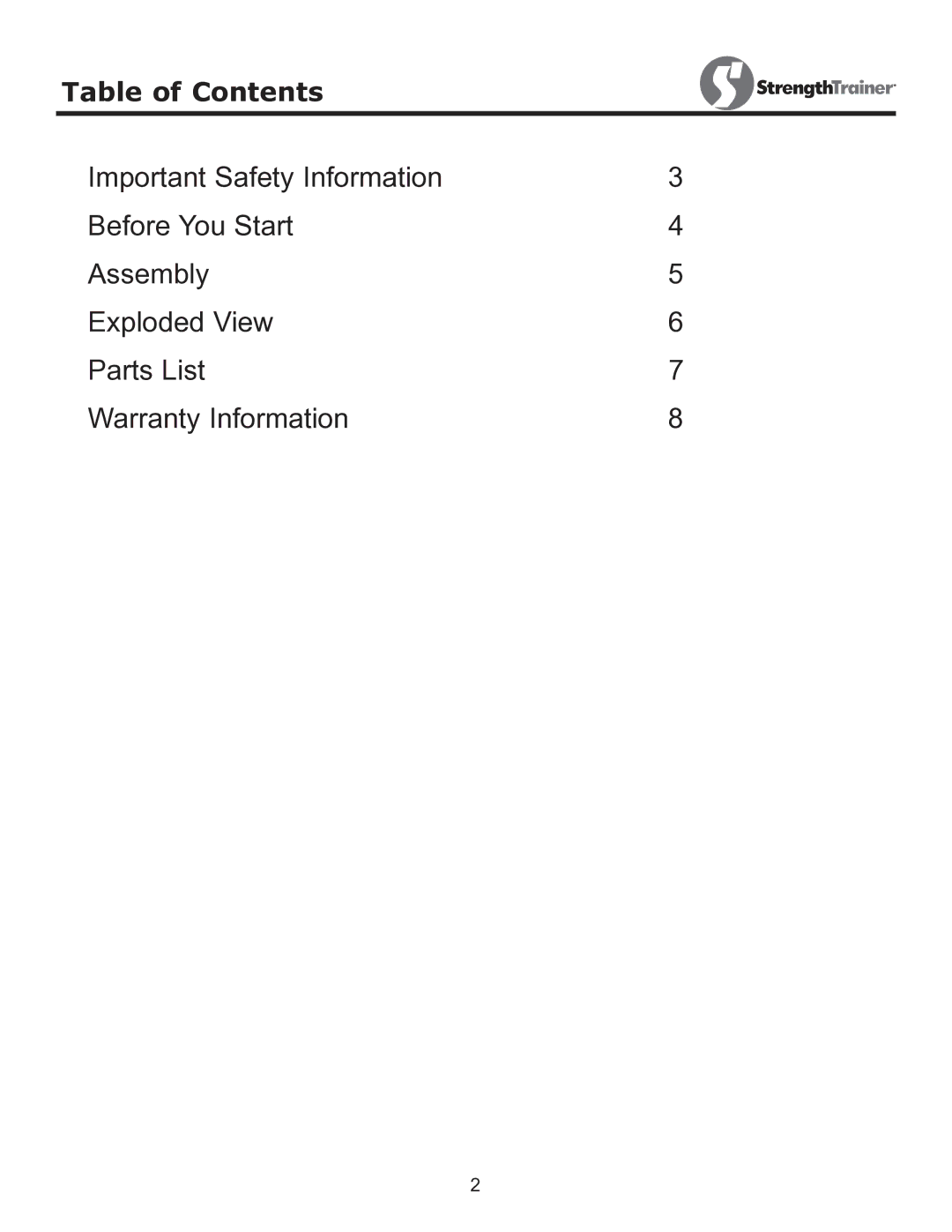 Keys Fitness ST-LEG owner manual Table of Contents 