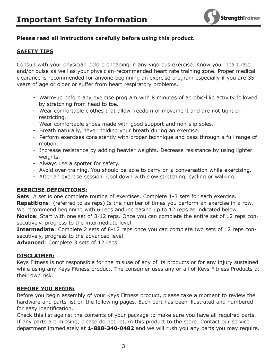 Keys Fitness ST-NB owner manual Important Safety Information, Safety Tips 