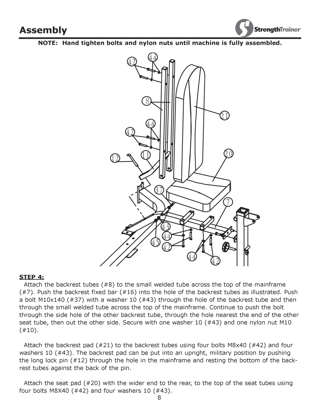 Keys Fitness ST-OBA2 owner manual Four bolts M8X40 #42 and four washers 10 #43 