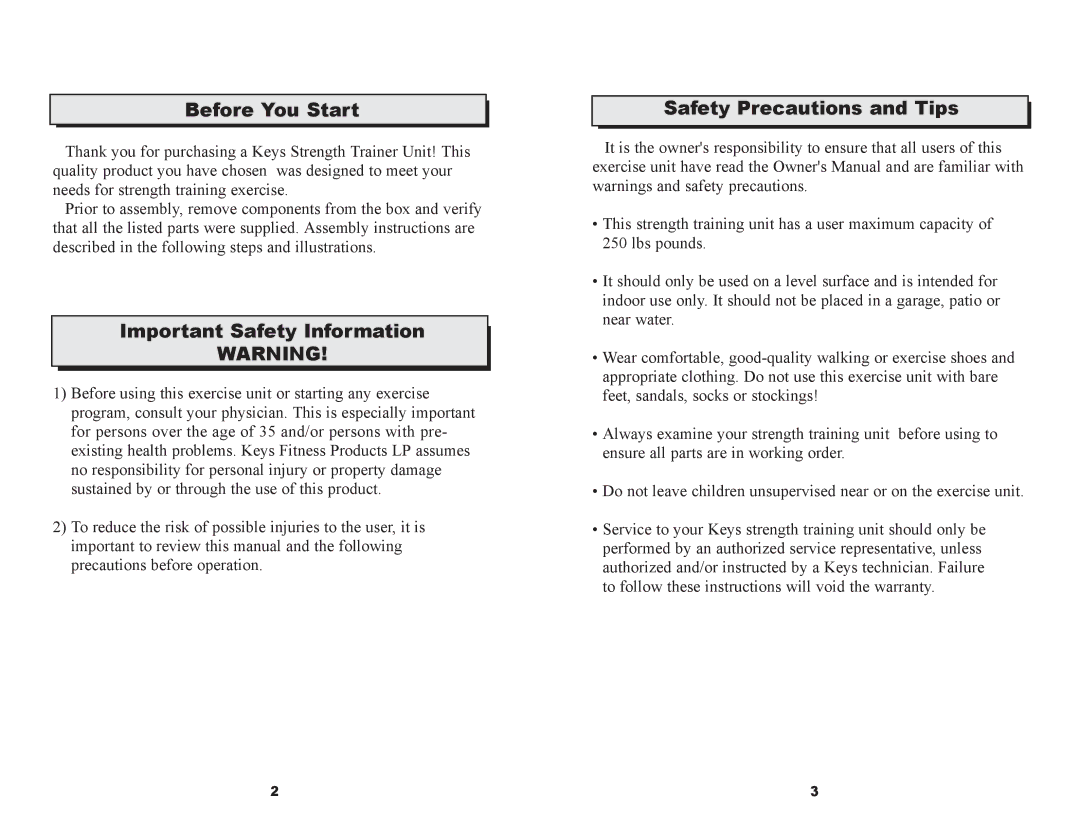 Keys Fitness ST-PT Series owner manual Before You Start, Important Safety Information, Safety Precautions and Tips 