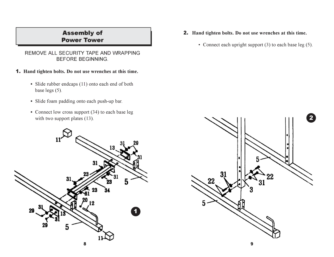 Keys Fitness ST-PT Series owner manual Assembly Power Tower, Hand tighten bolts. Do not use wrenches at this time 