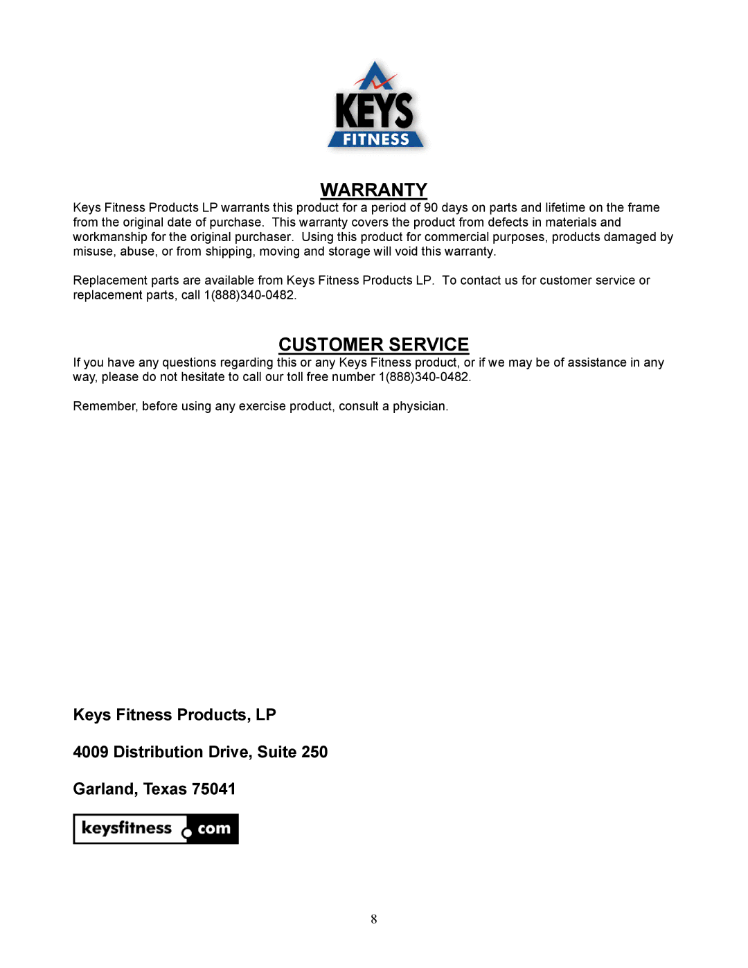 Keys Fitness ST-PT owner manual Warranty, Customer Service 