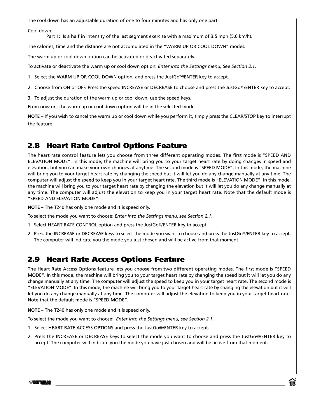 Keys Fitness T240, T260 owner manual Heart Rate Control Options Feature, Heart Rate Access Options Feature 