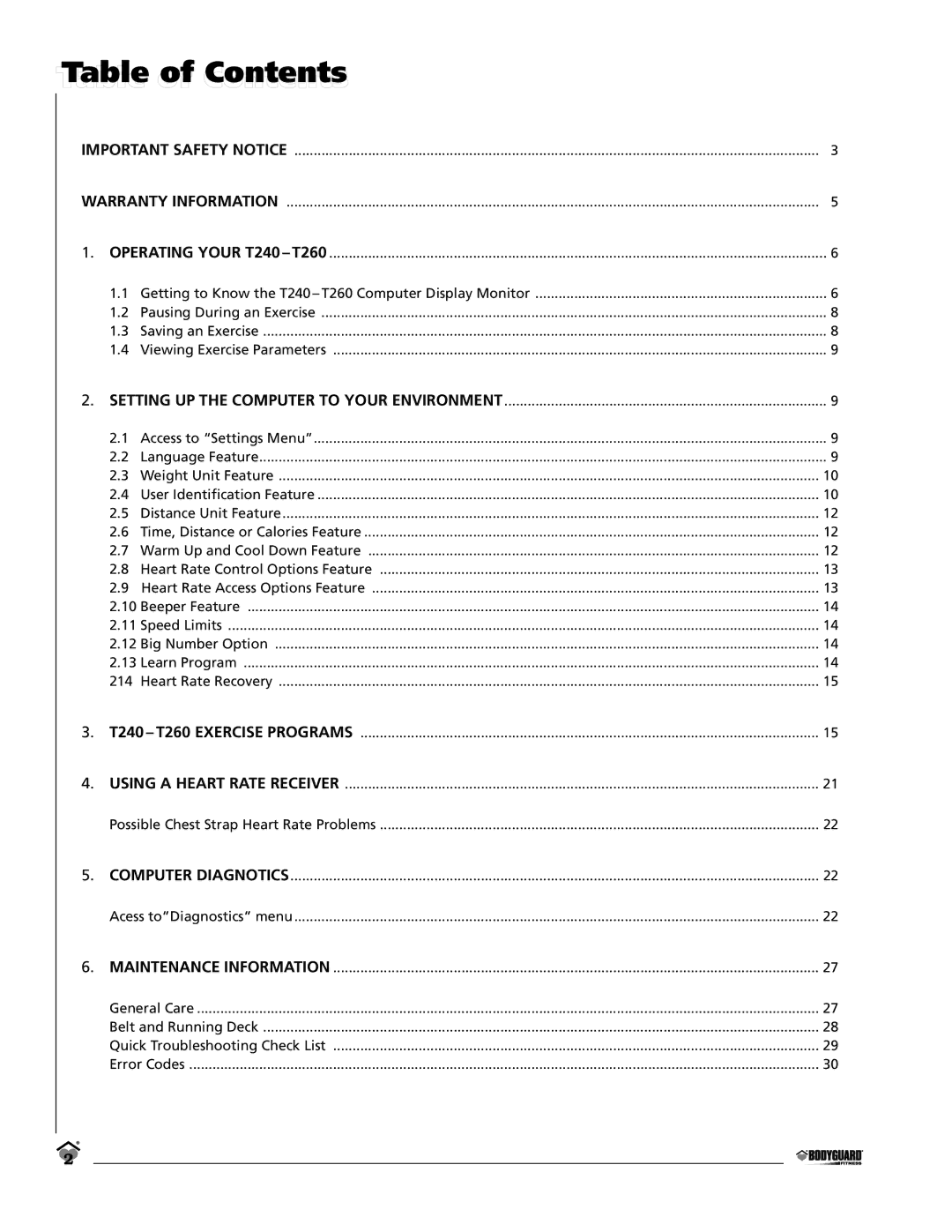 Keys Fitness T260, T240 owner manual Contents 